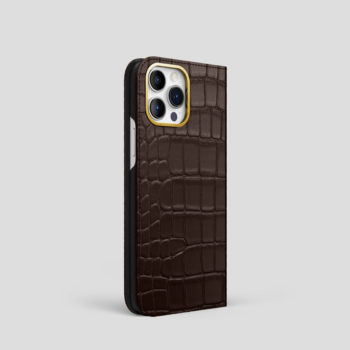 Dark Brown iPhone 14 Pro Folio Case Alligator with Gold Metal -1 | Dark-Brown-Gold