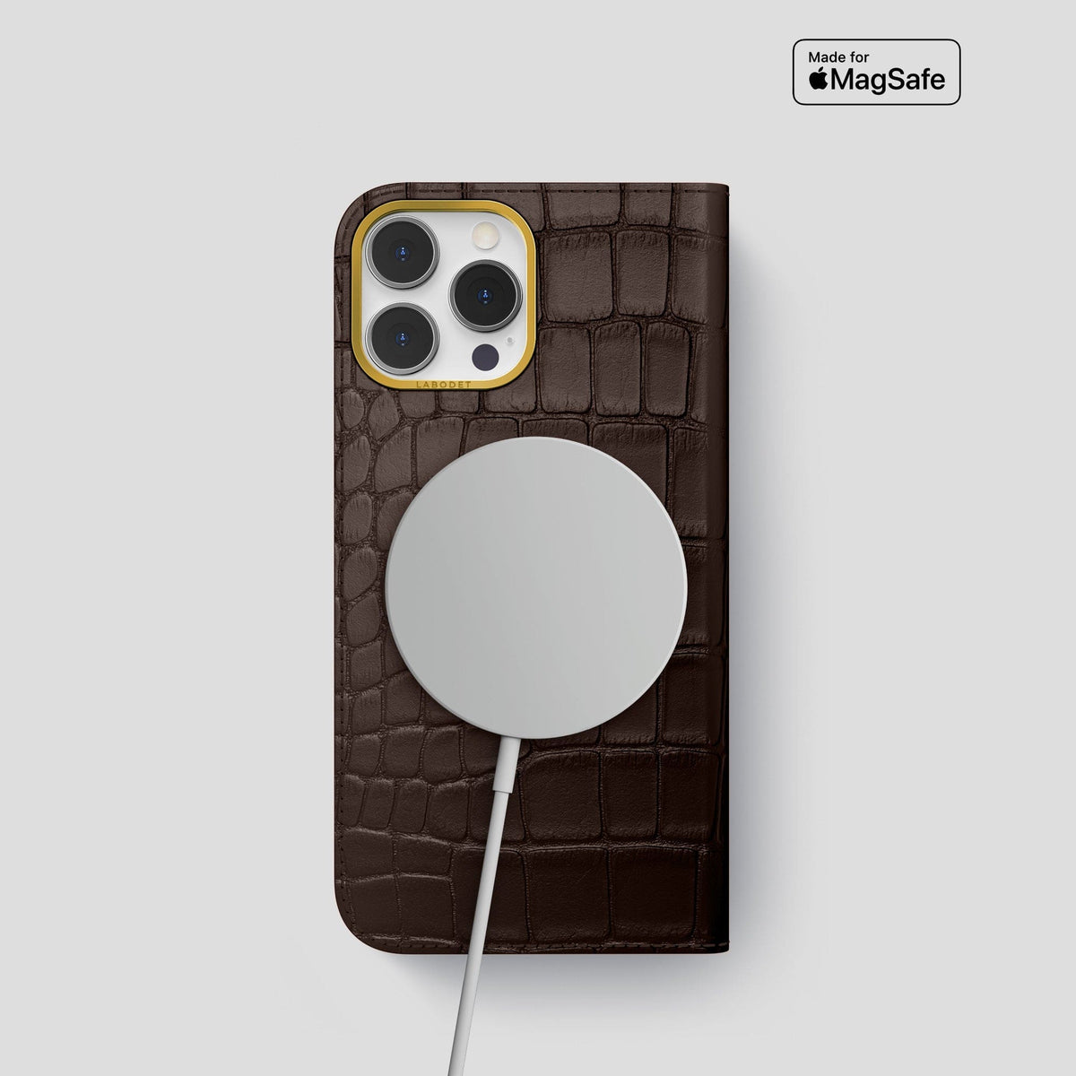 Dark Brown iPhone 14 Pro Folio Case Alligator with Gold Metal -3 | Dark-Brown-Gold