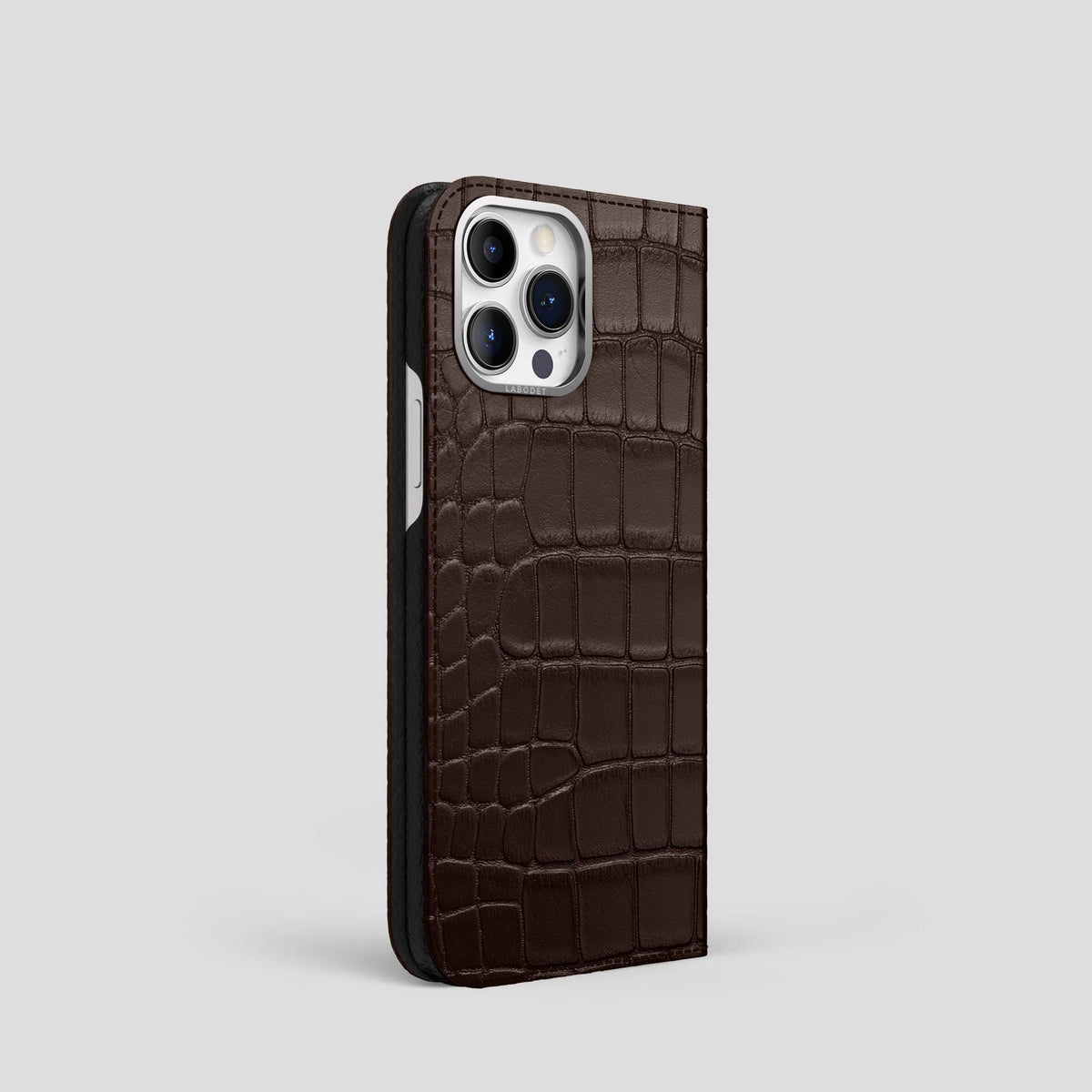 Dark Brown iPhone 14 Pro Folio Case Alligator with Steel Metal -1 | Dark-Brown-Steel