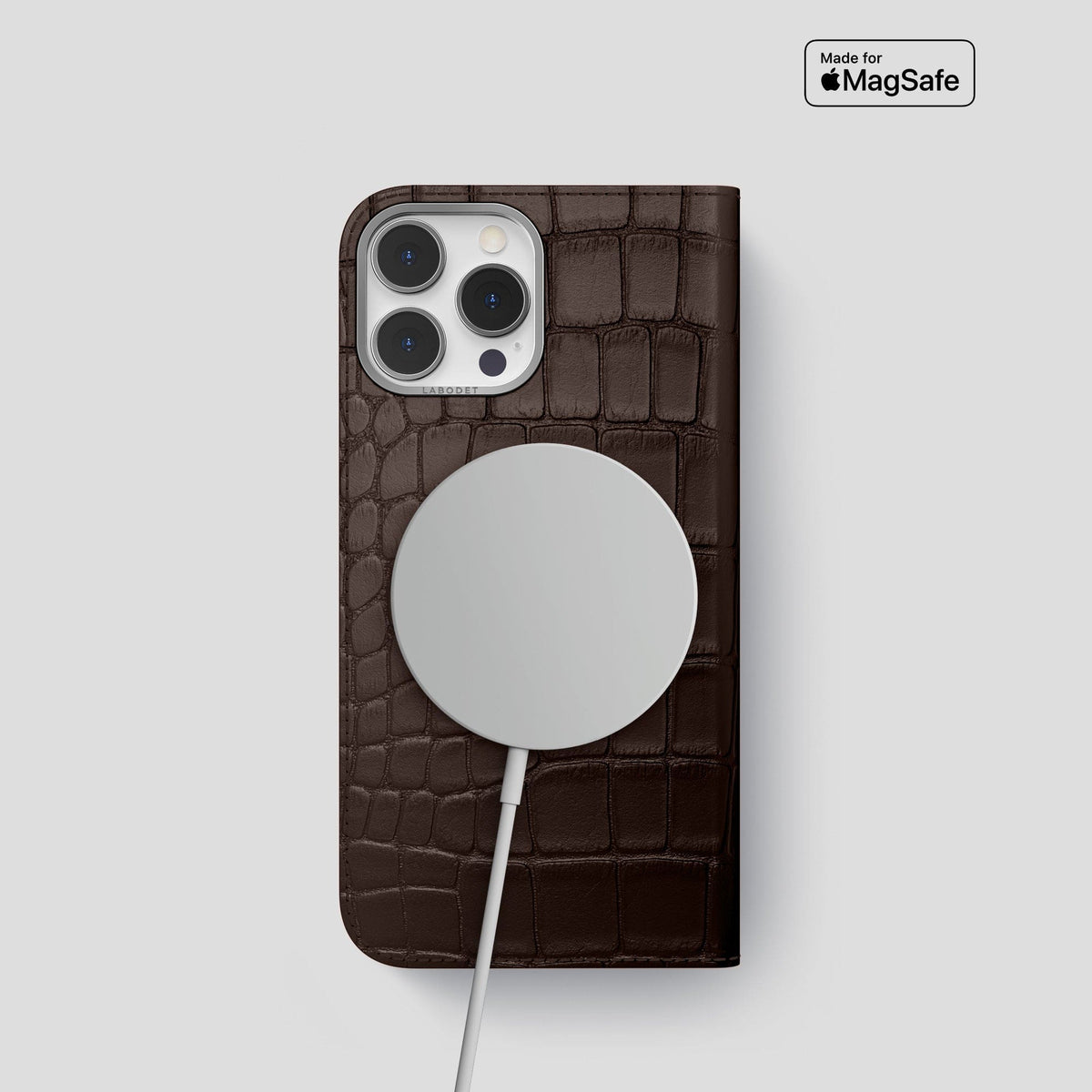 Dark Brown iPhone 14 Pro Folio Case Alligator with Steel Metal -3 | Dark-Brown-Steel