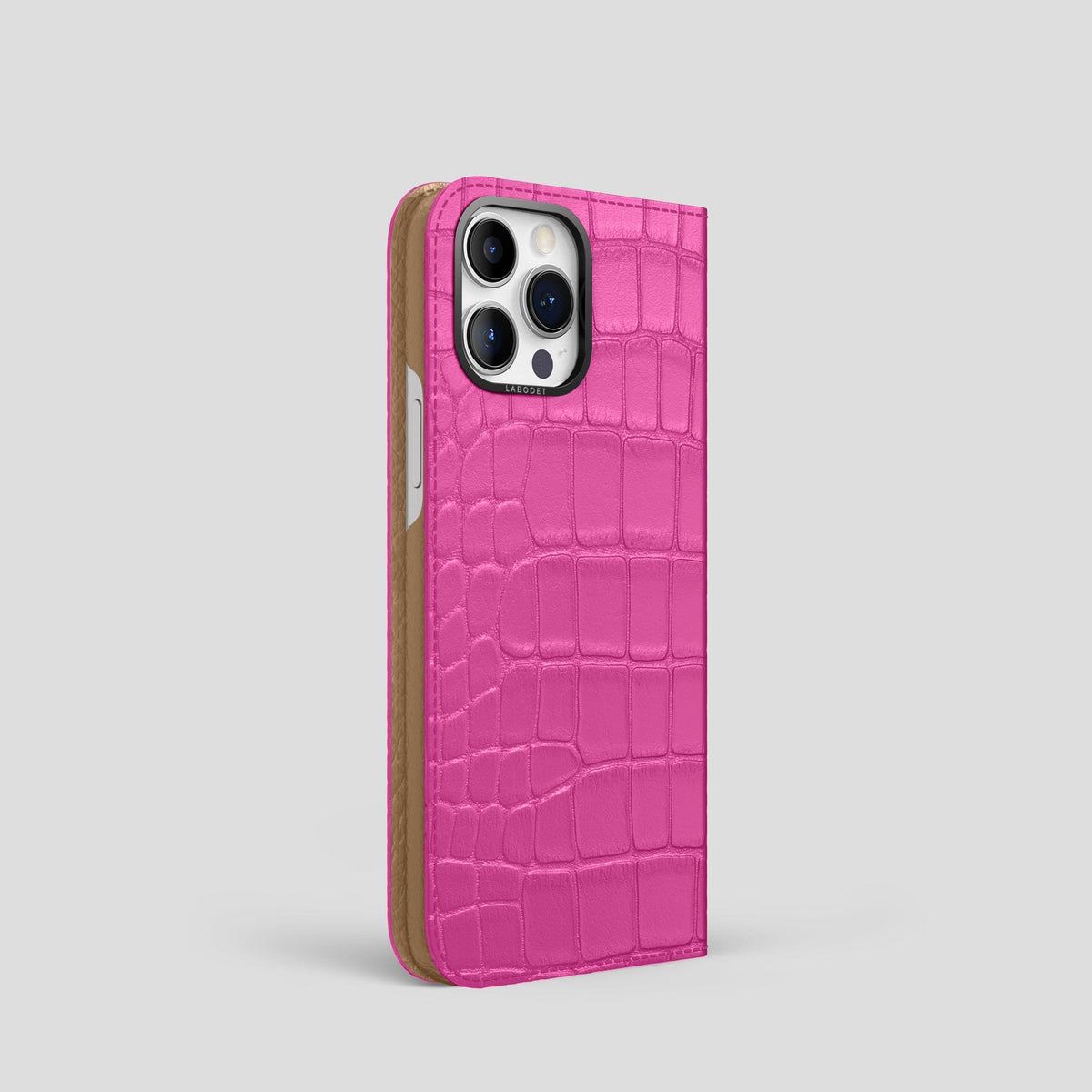 Fuchsia iPhone 14 Pro Folio Case Alligator with Black Metal -1 | Fuchsia-Black