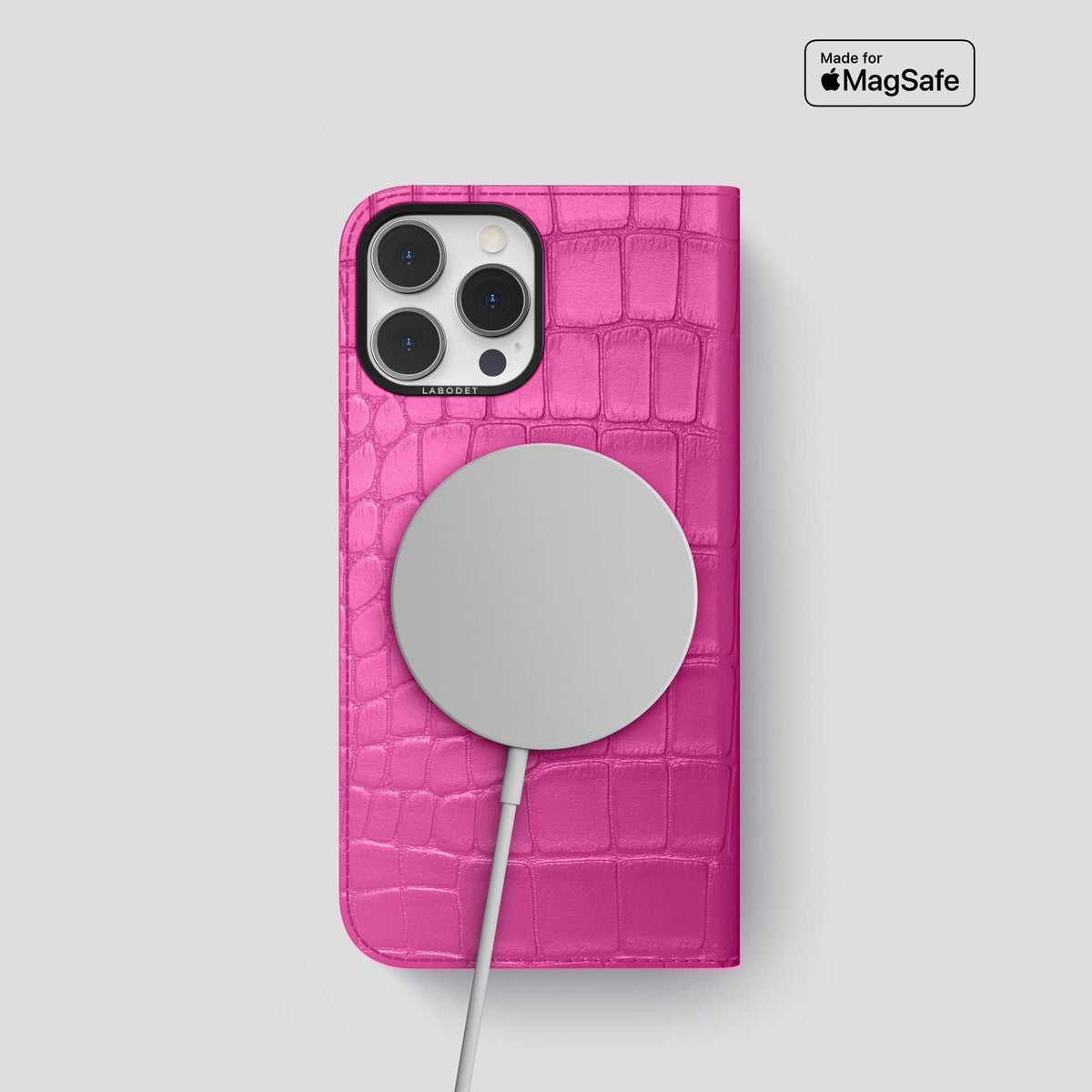 Fuchsia iPhone 14 Pro Folio Case Alligator with Black Metal -3 | Fuchsia-Black