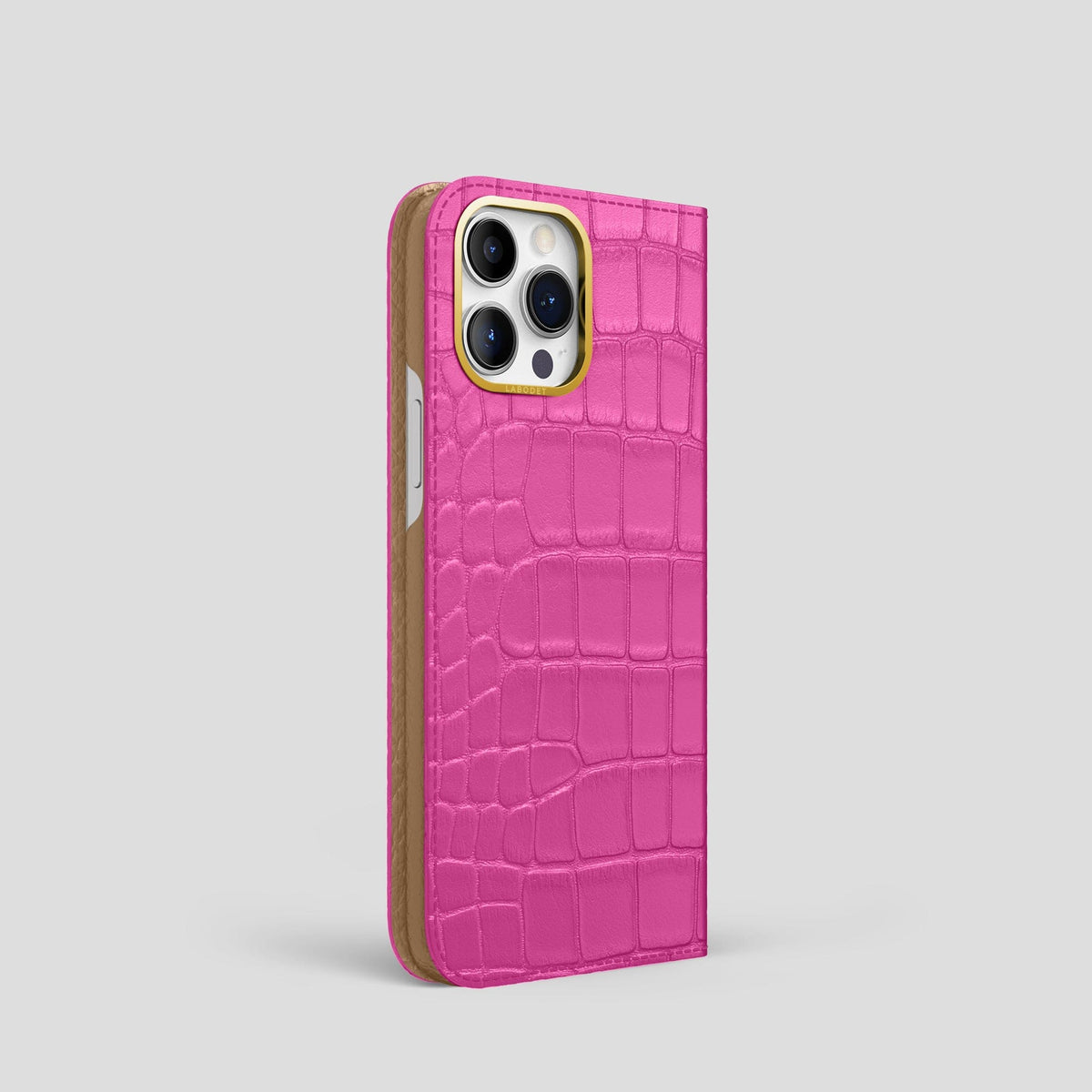 Fuchsia iPhone 14 Pro Folio Case Alligator with Gold Metal -1 | Fuchsia-Gold
