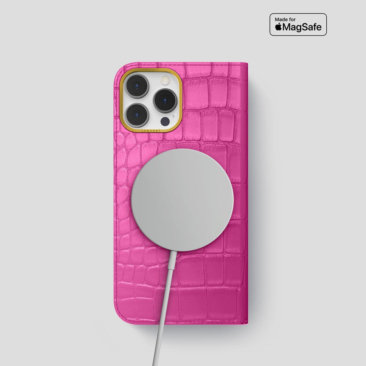 Fuchsia iPhone 14 Pro Folio Case Alligator with Gold Metal -3 | Fuchsia-Gold
