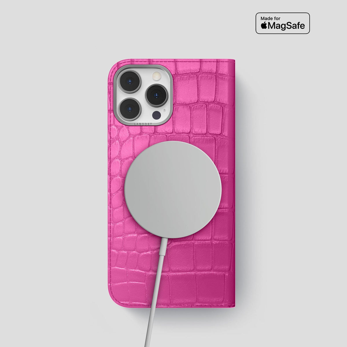 Fuchsia iPhone 14 Pro Folio Case Alligator with Steel Metal -3 | Fuchsia-Steel
