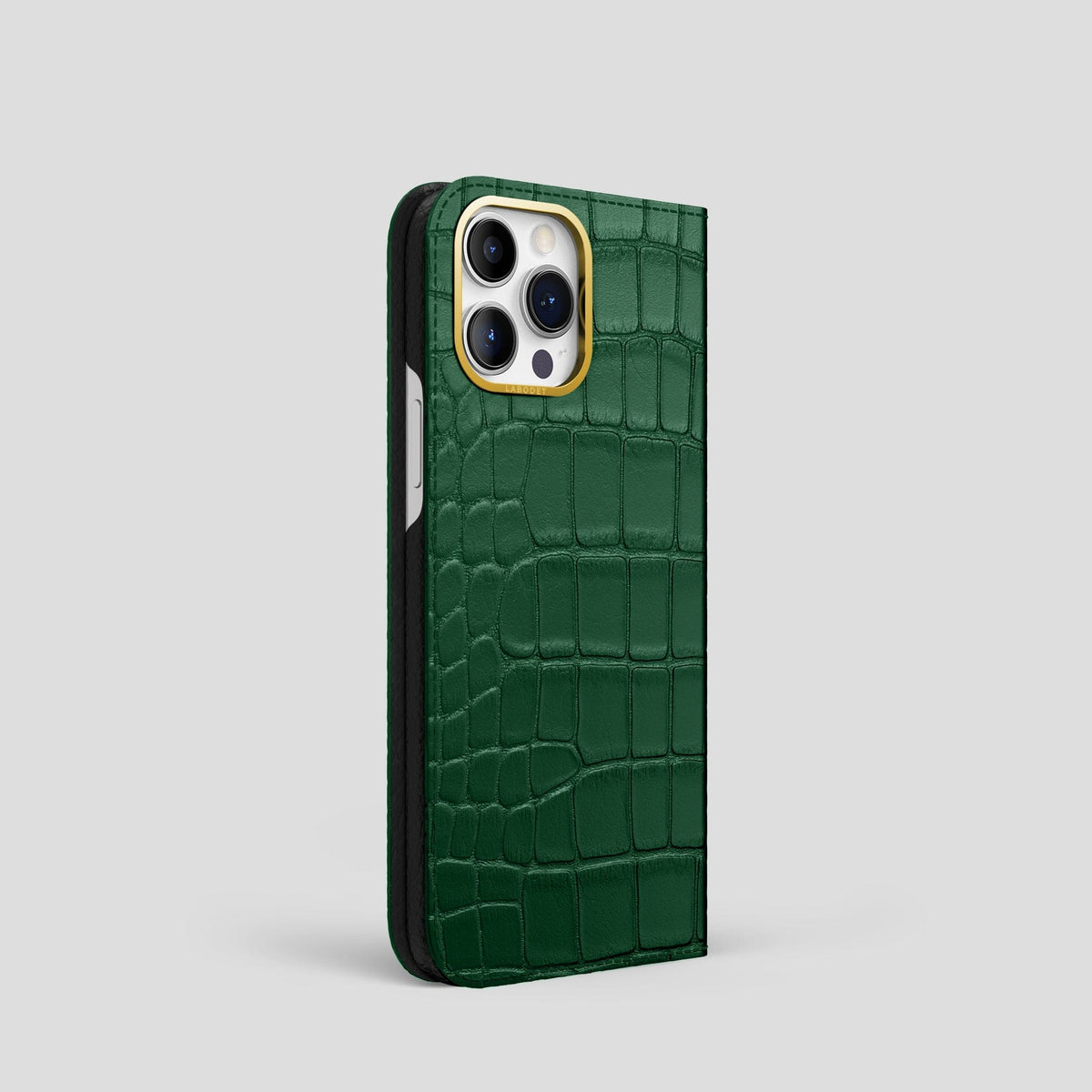 Forest-Green iPhone 14 Pro Folio Case Alligator with Gold Metal -1 | Forest-Green-Gold