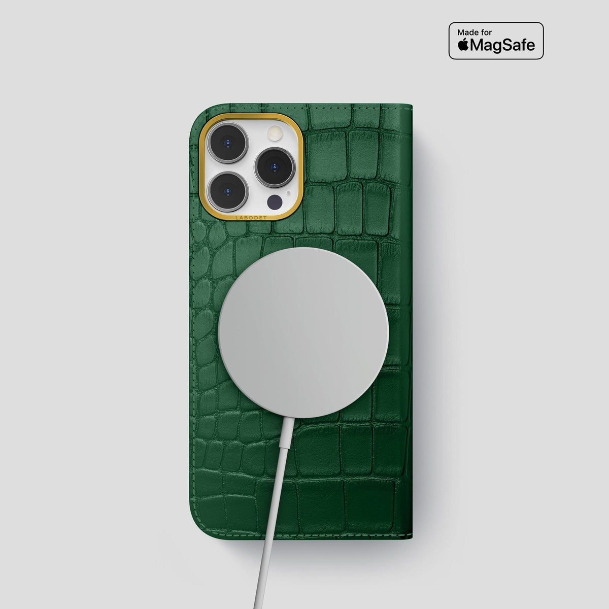 Forest-Green iPhone 14 Pro Folio Case Alligator with Gold Metal -3 | Forest-Green-Gold