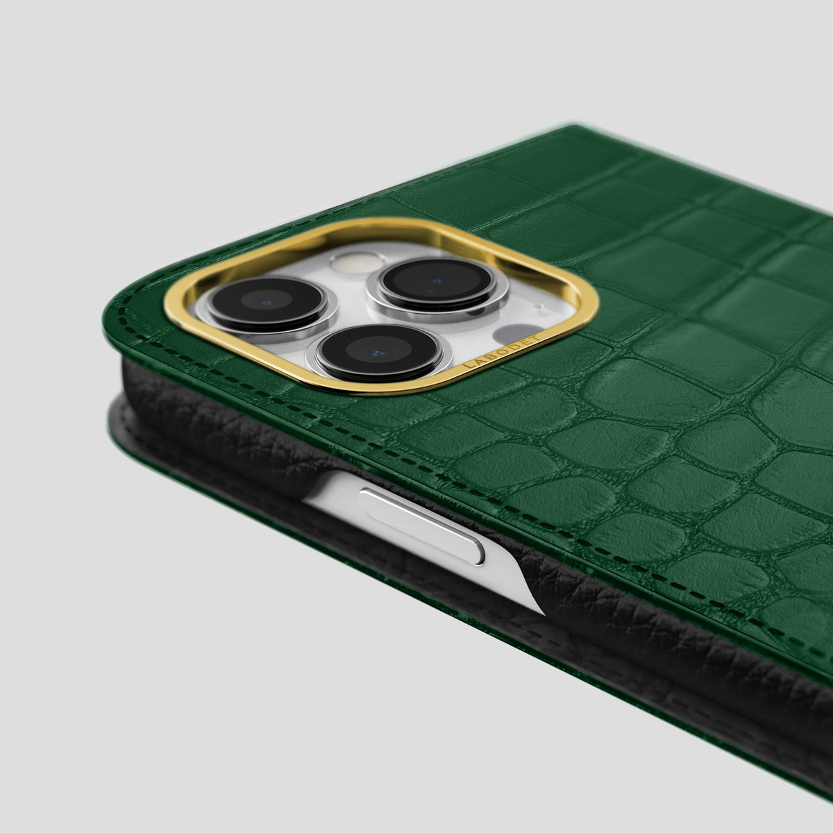 Forest-Green iPhone 14 Pro Folio Case Alligator with Gold Metal -5 | Forest-Green-Gold