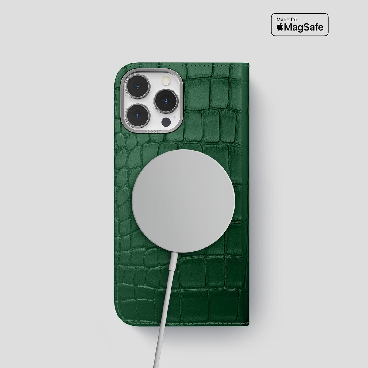 Forest-Green iPhone 14 Pro Folio Case Alligator with Steel Metal -3 | Forest-Green-Steel