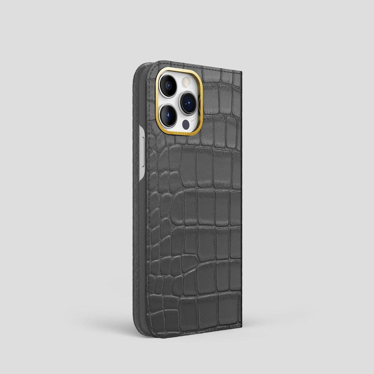 Grey iPhone 14 Pro Folio Case Alligator with Gold Metal -1 | Grey-Gold