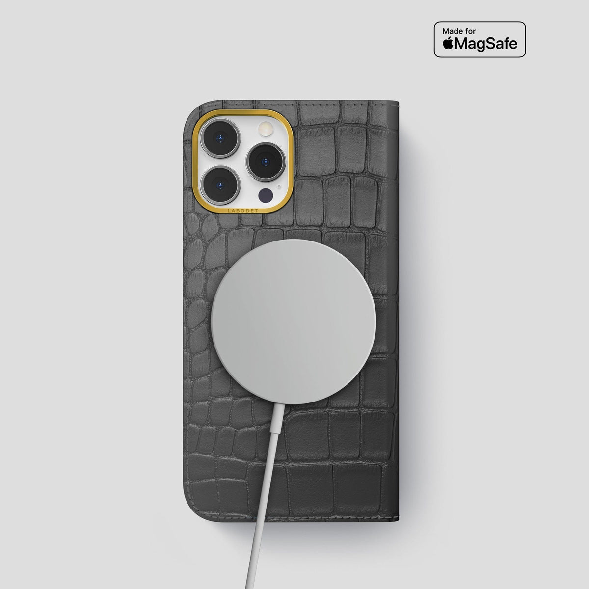 Grey iPhone 14 Pro Folio Case Alligator with Gold Metal -3 | Grey-Gold