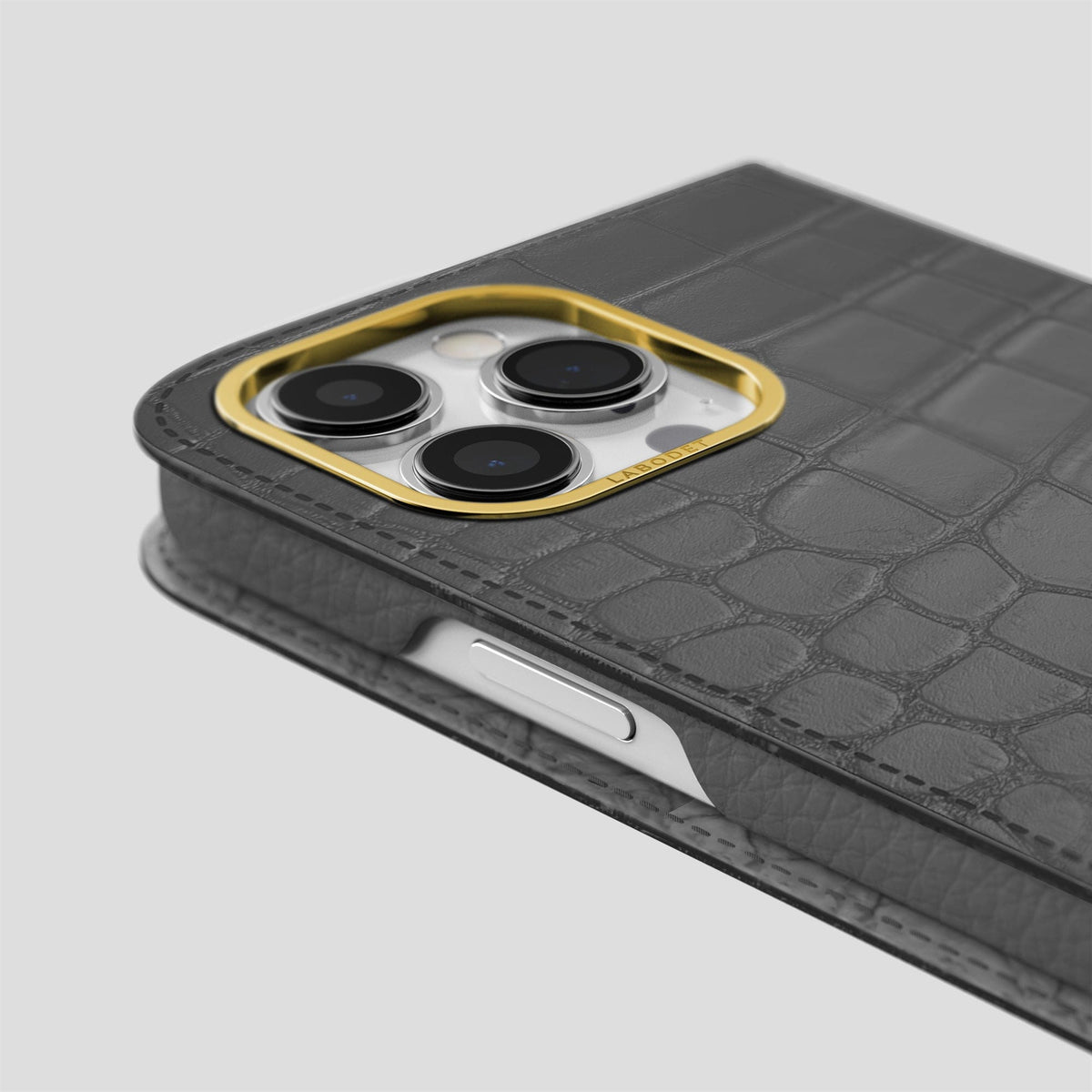 Grey iPhone 14 Pro Folio Case Alligator with Gold Metal -5 | Grey-Gold