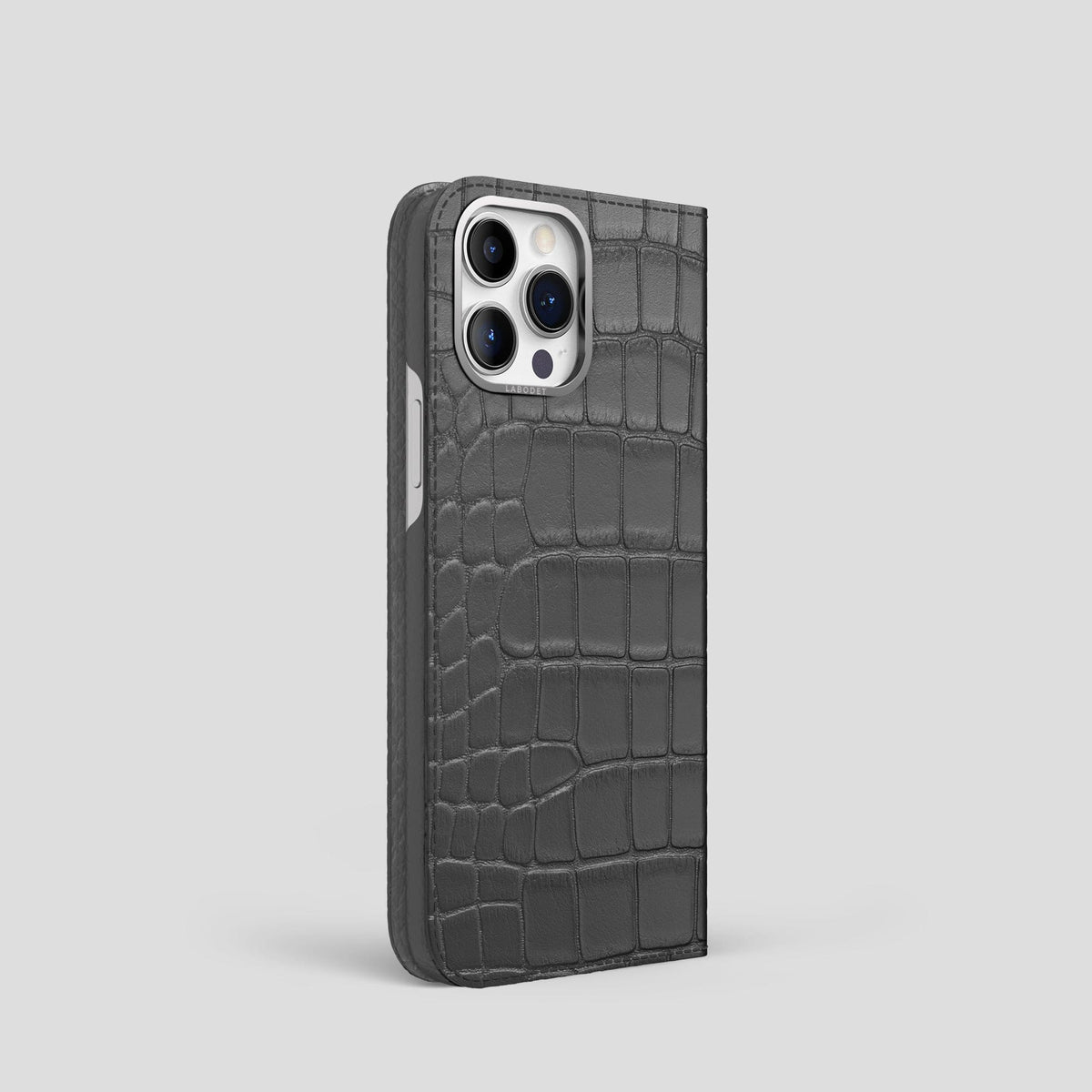 Grey iPhone 14 Pro Folio Case Alligator with Steel Metal -1 | Grey-Steel