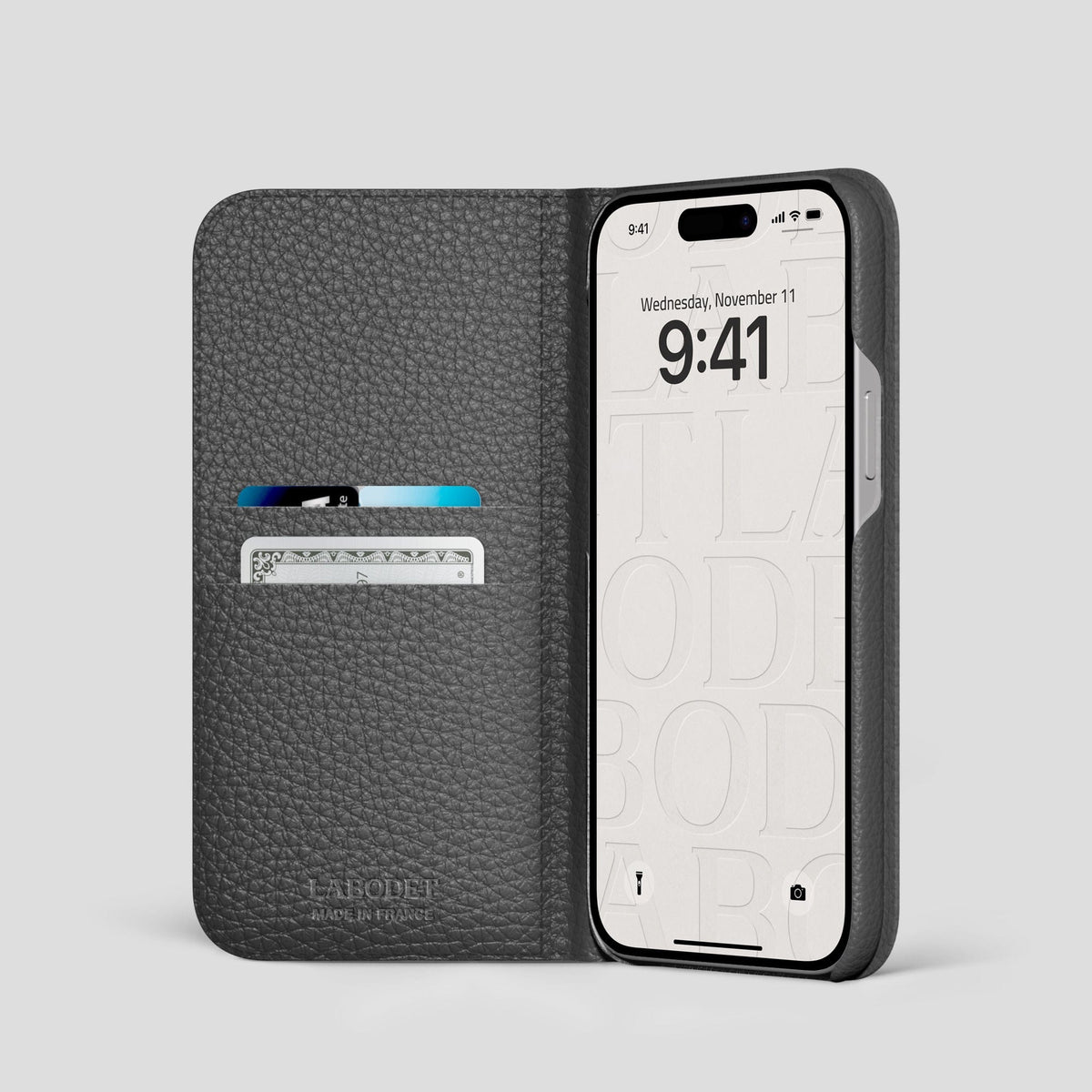 Grey iPhone 14 Pro Folio Case Alligator with Steel Metal -2 | Grey-Steel