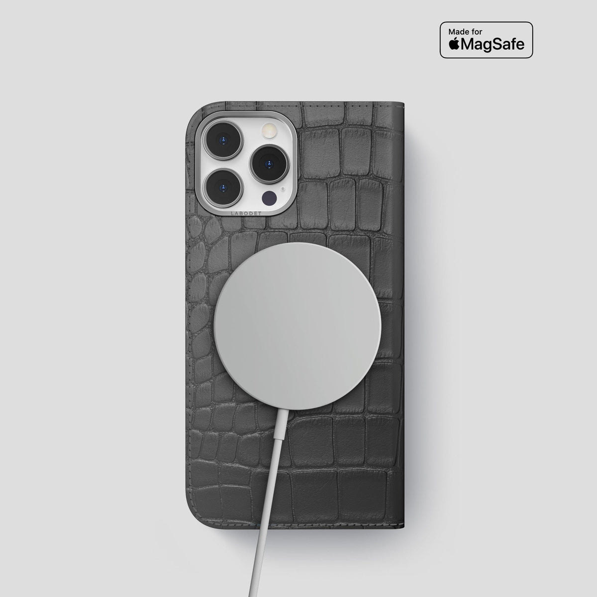 Grey iPhone 14 Pro Folio Case Alligator with Steel Metal -3 | Grey-Steel
