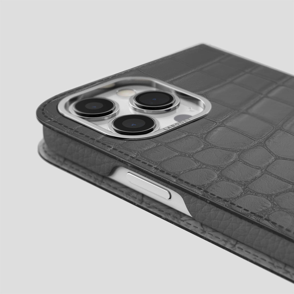 Grey iPhone 14 Pro Folio Case Alligator with Steel Metal -5 | Grey-Steel