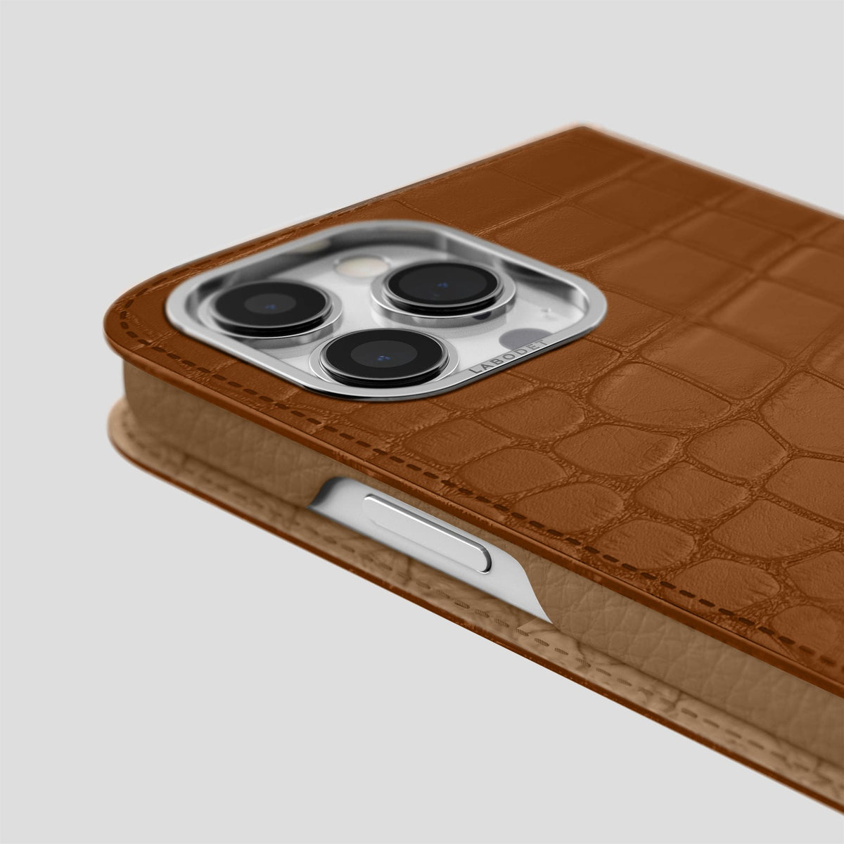 Honey iPhone 14 Pro Folio Case Alligator with Steel Metal -5 | Honey-Steel