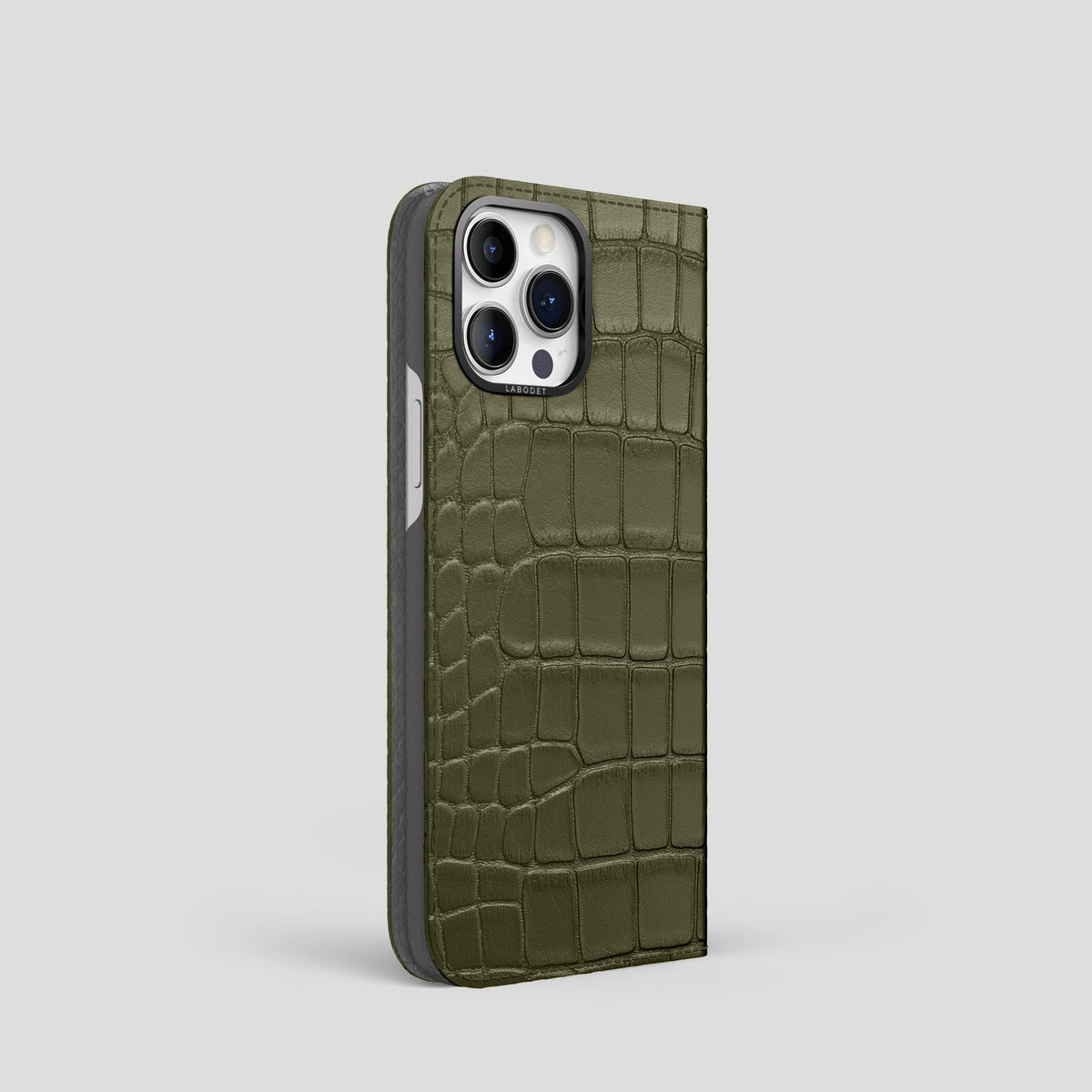Kaki-Green iPhone 14 Pro Folio Case Alligator with Black Metal -1 | Kaki-Green-Black