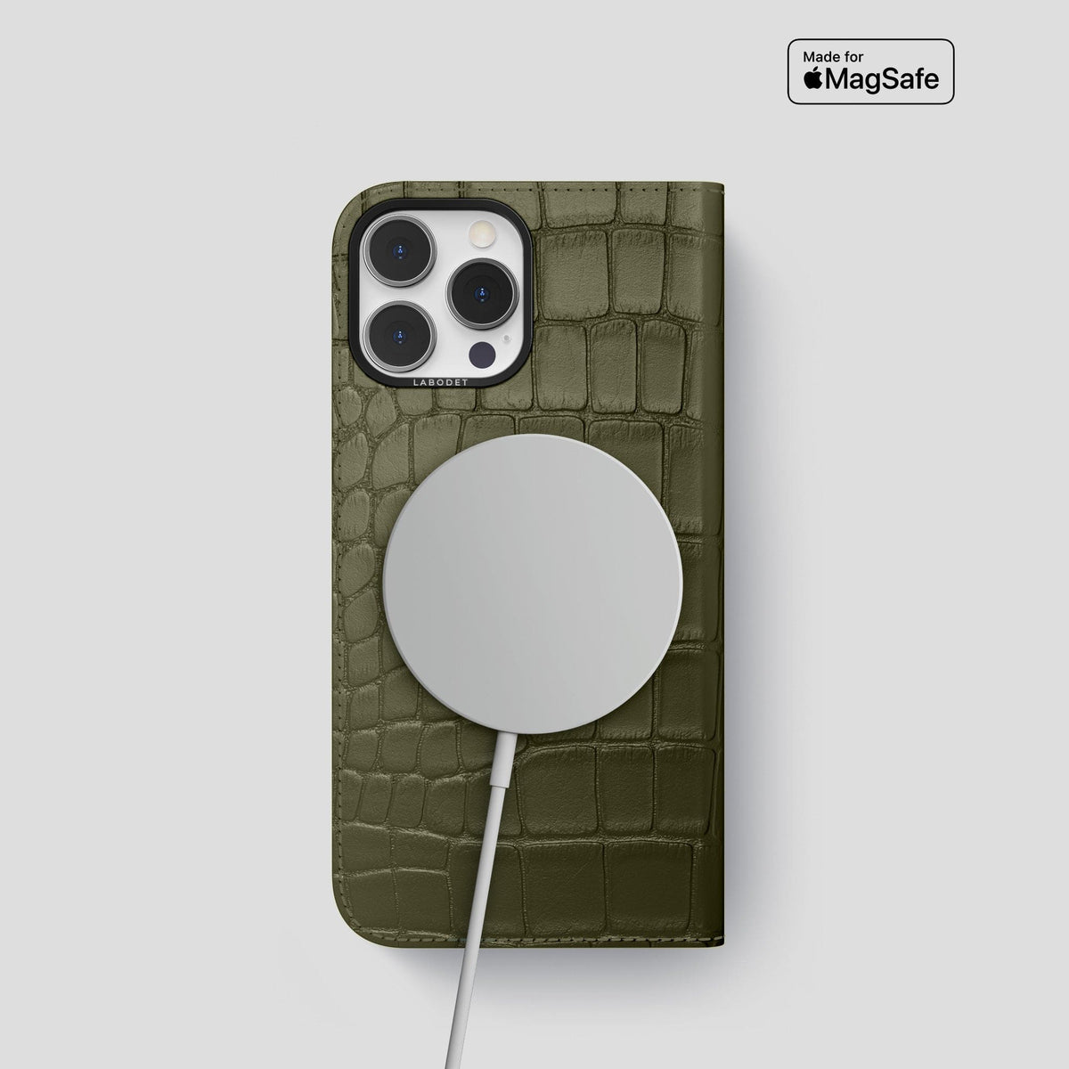 Kaki-Green iPhone 14 Pro Folio Case Alligator with Black Metal -3 | Kaki-Green-Black