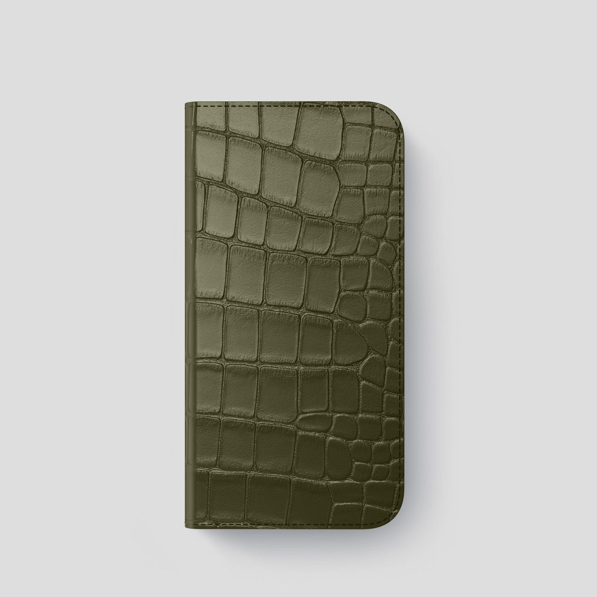 Kaki-Green iPhone 14 Pro Folio Case Alligator with Black Metal -4 | Kaki-Green-Black