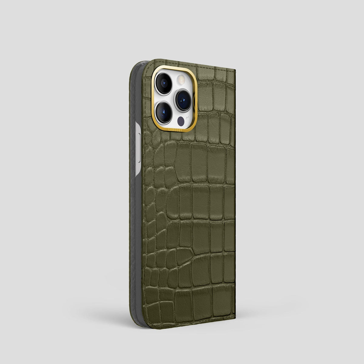 Kaki-Green iPhone 14 Pro Folio Case Alligator with Gold Metal -1 | Kaki-Green-Gold