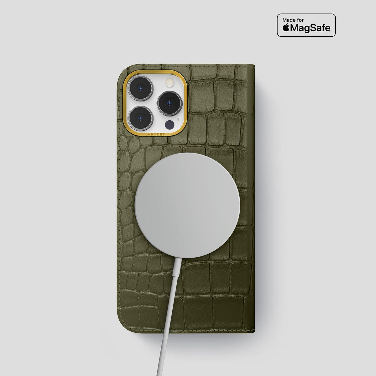 Kaki-Green iPhone 14 Pro Folio Case Alligator with Gold Metal -3 | Kaki-Green-Gold