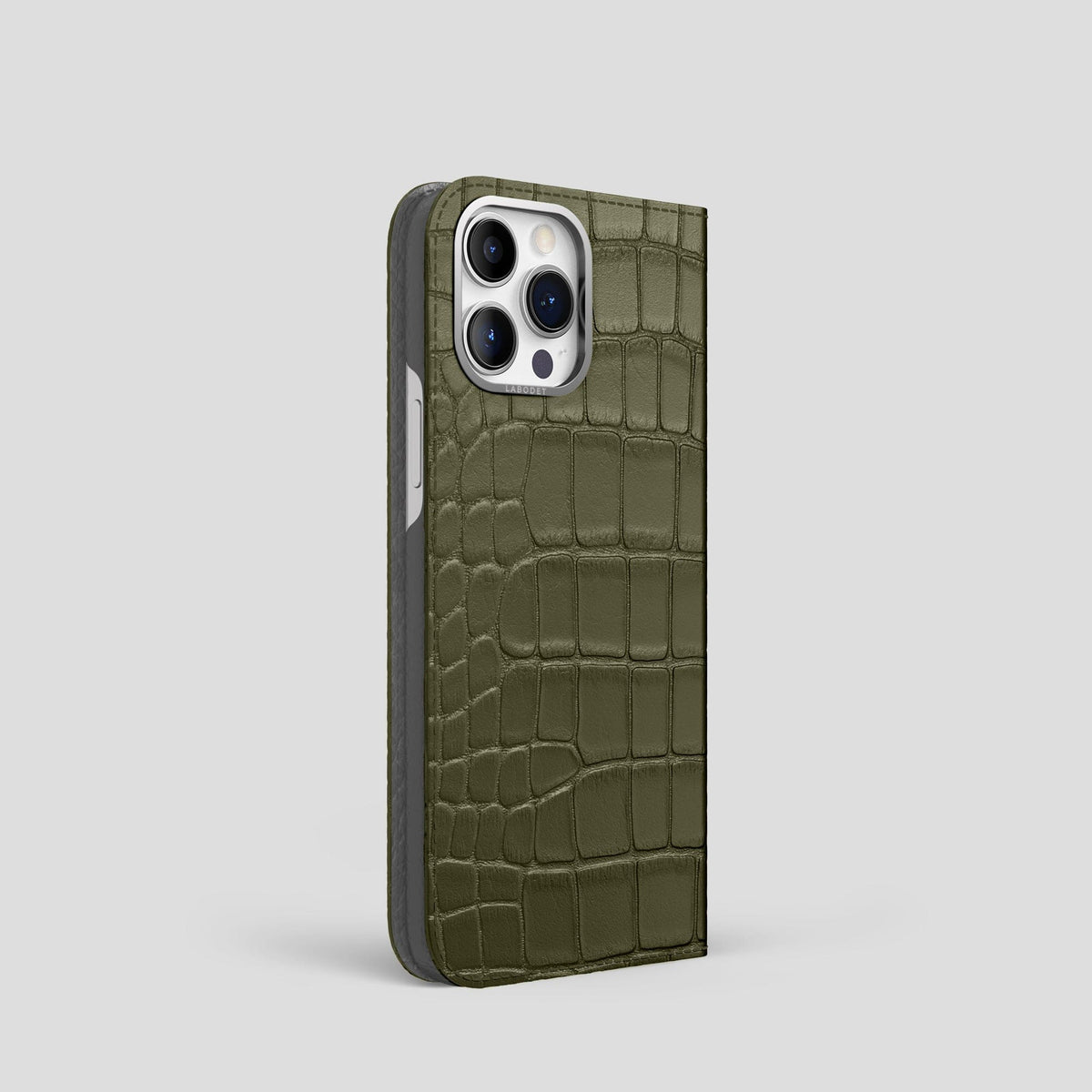 Kaki-Green iPhone 14 Pro Folio Case Alligator with Steel Metal -1 | Kaki-Green-Steel