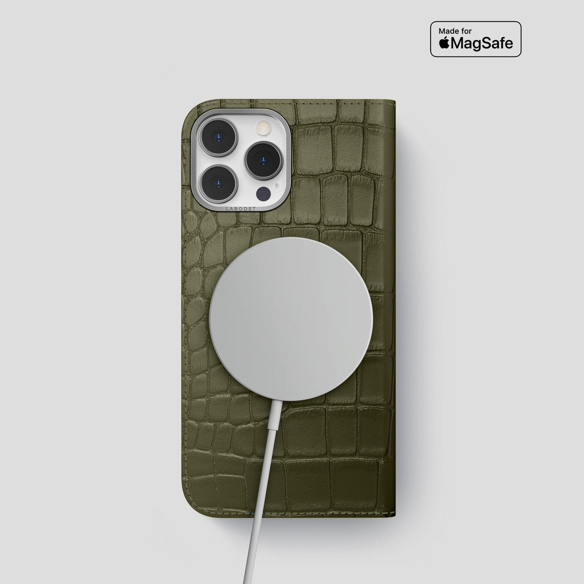 Kaki-Green iPhone 14 Pro Folio Case Alligator with Steel Metal -3 | Kaki-Green-Steel