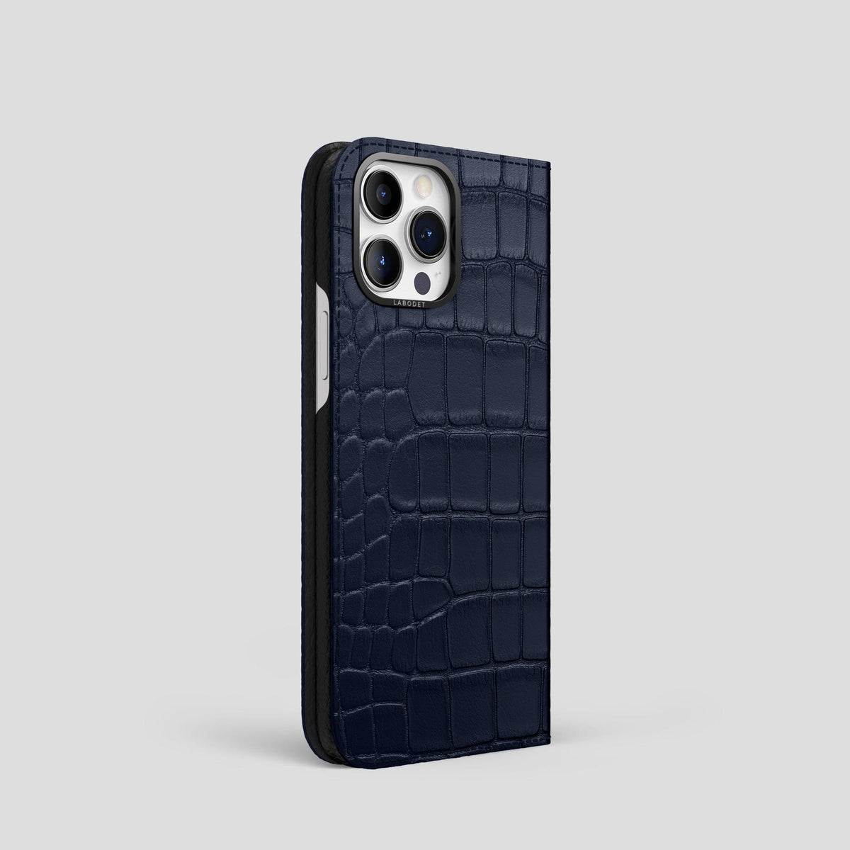 Navy Blue iPhone 14 Pro Folio Case Alligator with Black Metal -1 | Navy-Blue-Black