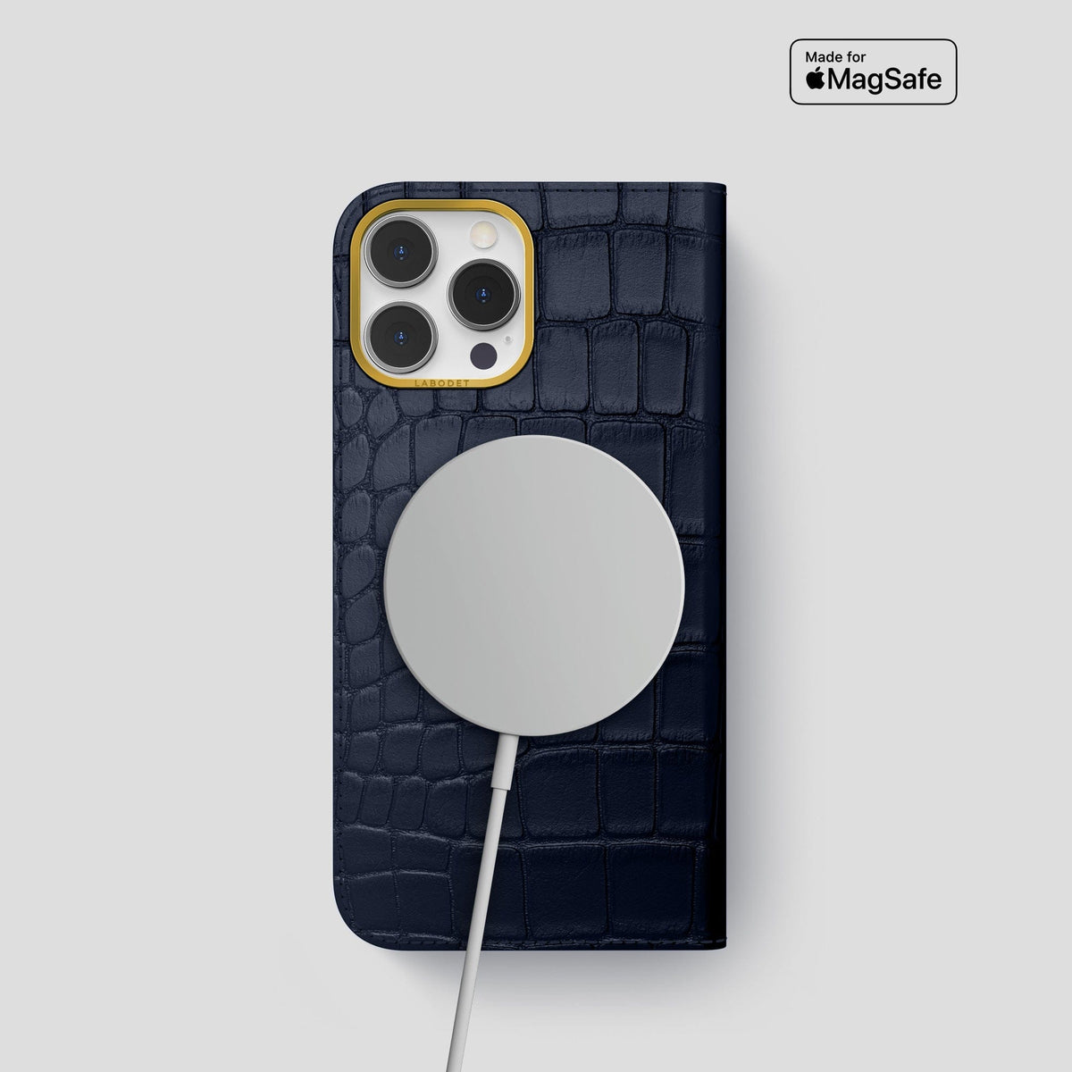 Navy Blue iPhone 14 Pro Folio Case Alligator with Gold Metal -3 | Navy-Blue-Gold