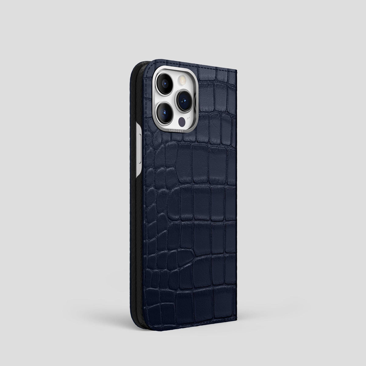 Navy Blue iPhone 14 Pro Folio Case Alligator with Steel Metal -1 | Navy-Blue-Steel