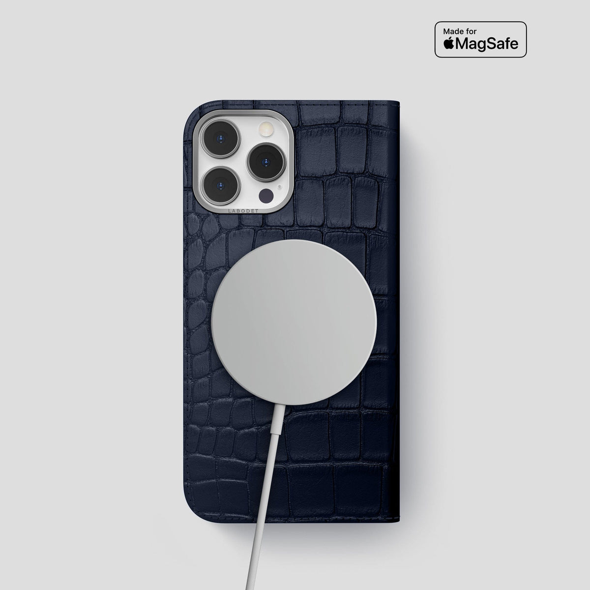 Navy Blue iPhone 14 Pro Folio Case Alligator with Steel Metal -3 | Navy-Blue-Steel