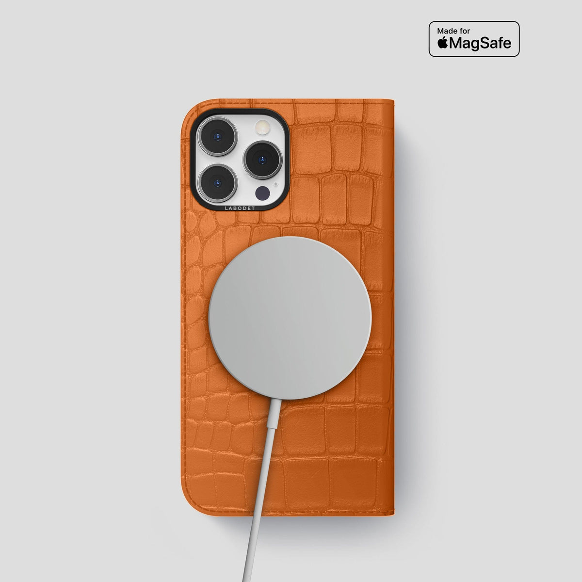 Orange iPhone 14 Pro Folio Case Alligator with Black Metal -3 | Orange-Black