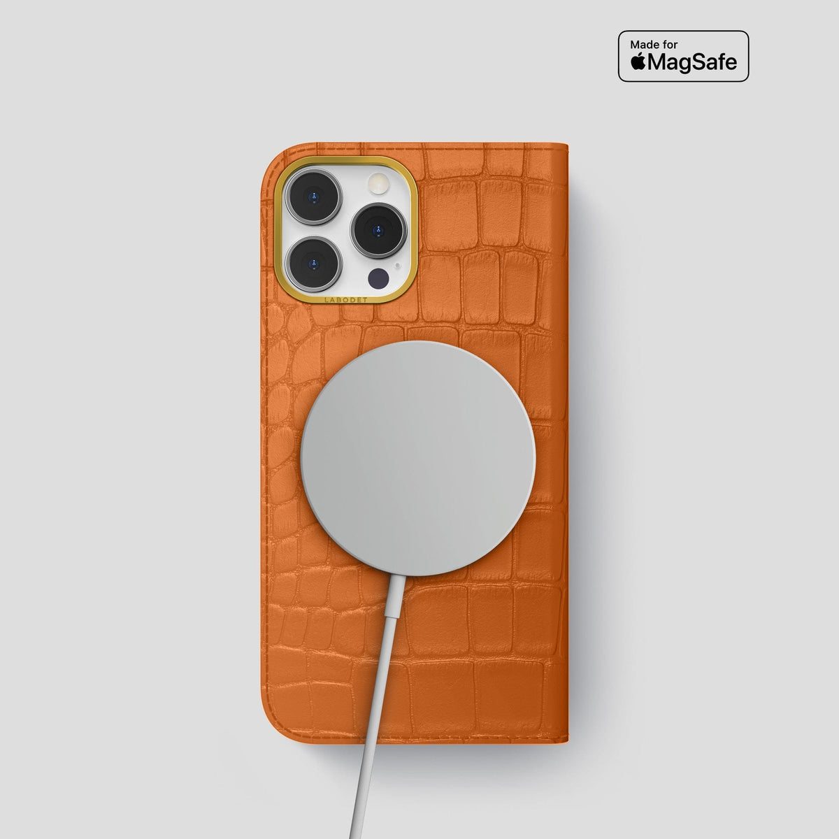 Orange iPhone 14 Pro Folio Case Alligator with Gold Metal -3 | Orange-Gold