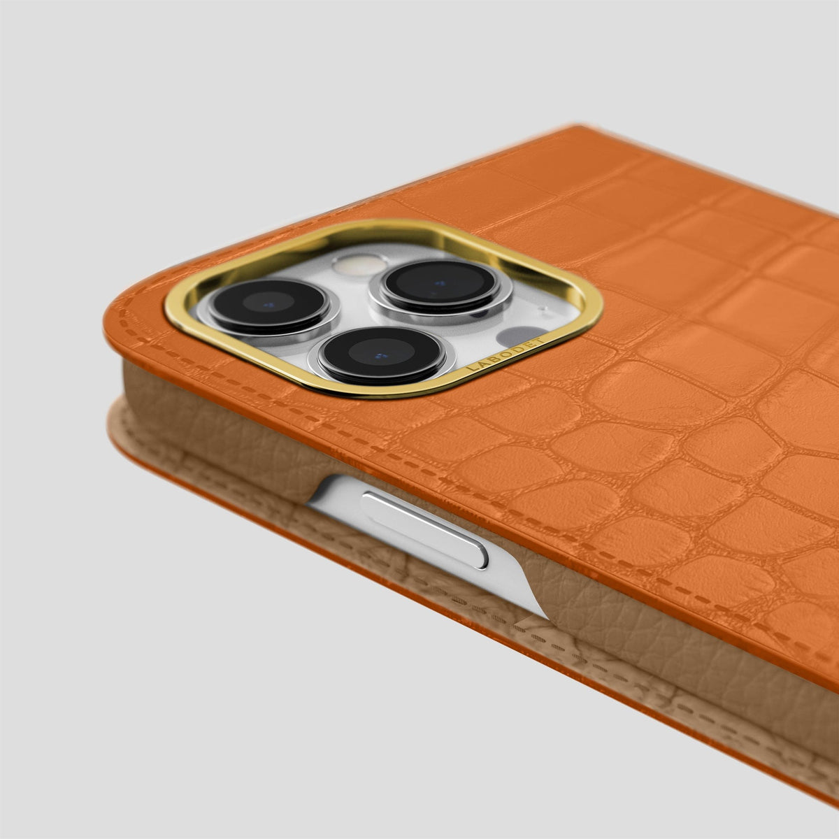 Orange iPhone 14 Pro Folio Case Alligator with Gold Metal -5 | Orange-Gold