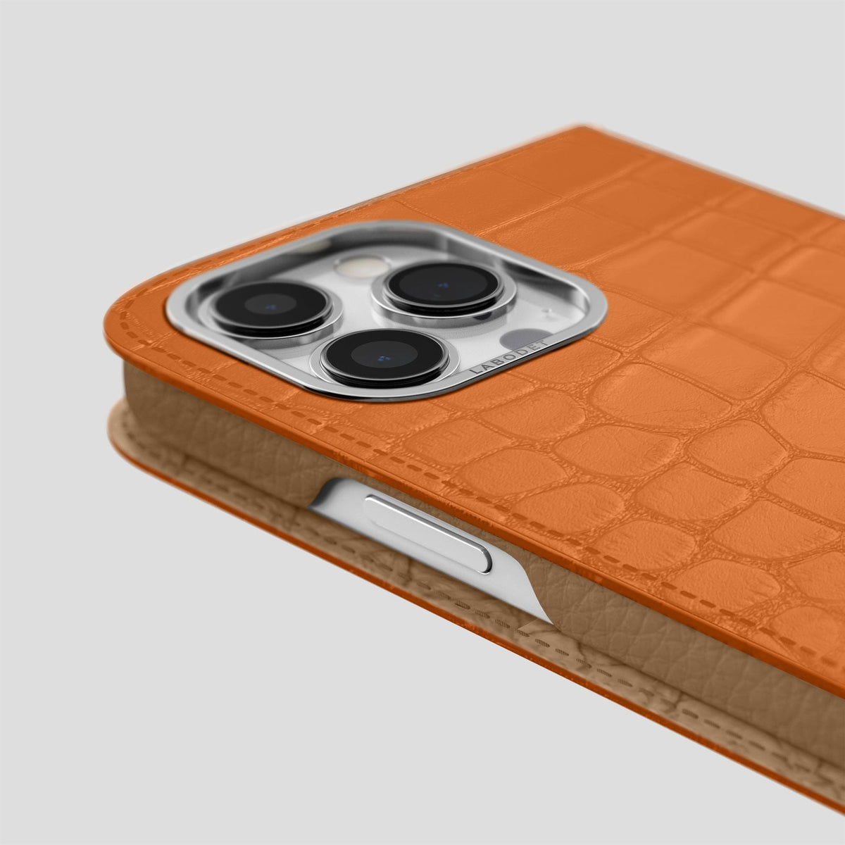 Orange iPhone 14 Pro Folio Case Alligator with Steel Metal -5 | Orange-Steel