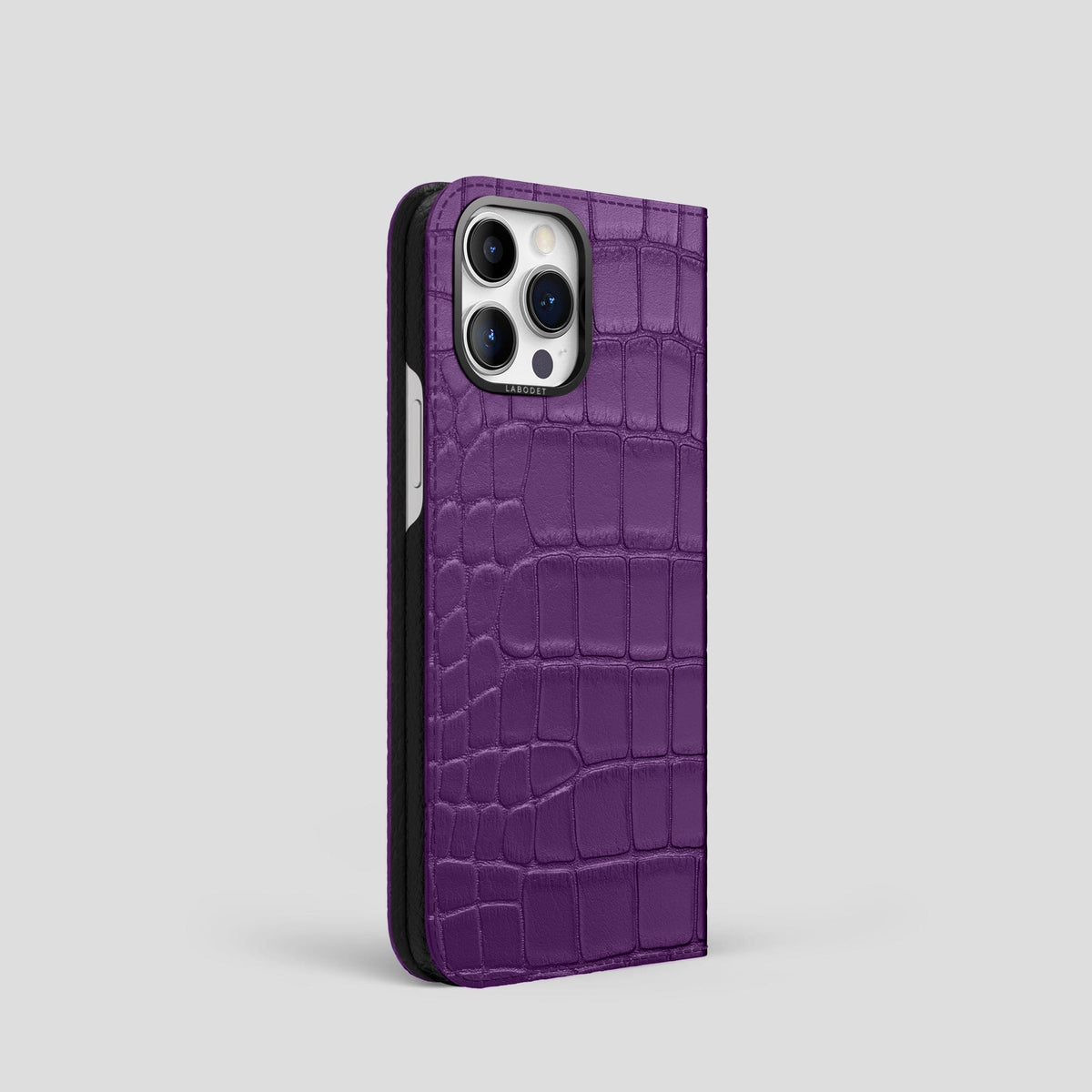 Purple iPhone 14 Pro Folio Case Alligator with Black Metal -1 | Purple-Black