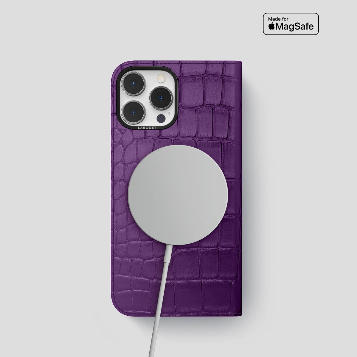 Purple iPhone 14 Pro Folio Case Alligator with Black Metal -3 | Purple-Black