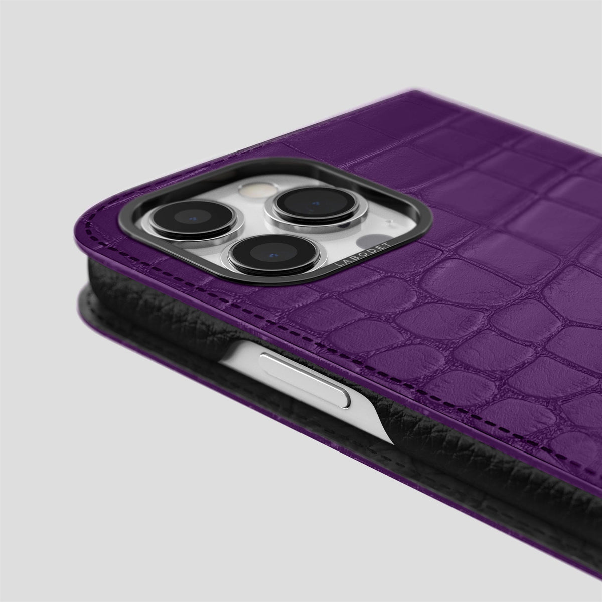 Purple iPhone 14 Pro Folio Case Alligator with Black Metal -5 | Purple-Black
