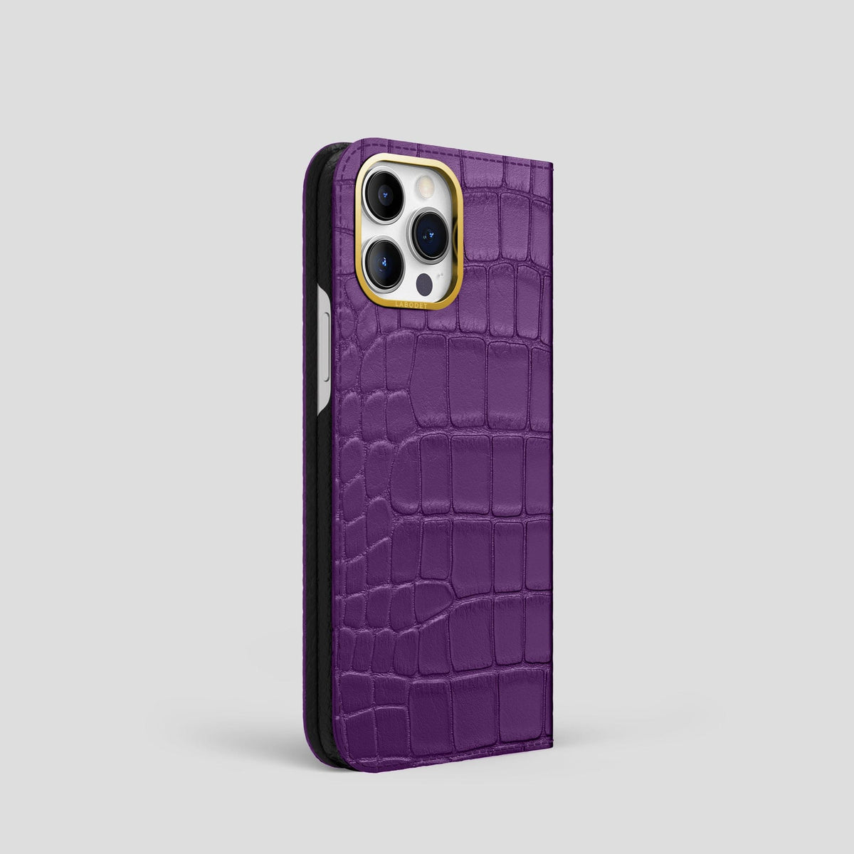 Purple iPhone 14 Pro Folio Case Alligator with Gold Metal -1 | Purple-Gold