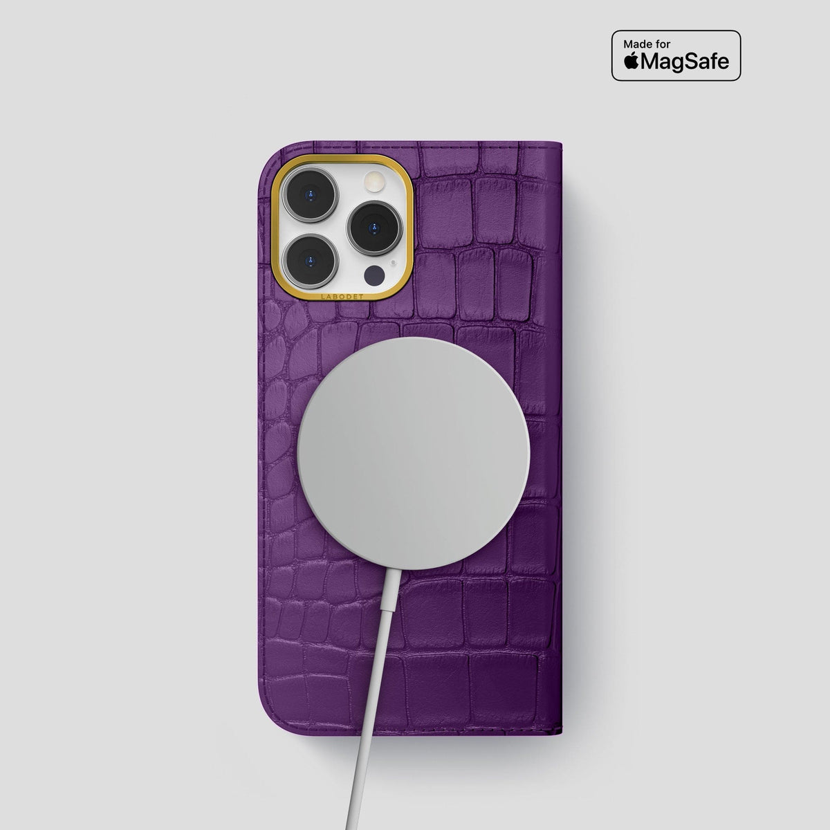 Purple iPhone 14 Pro Folio Case Alligator with Gold Metal -3 | Purple-Gold