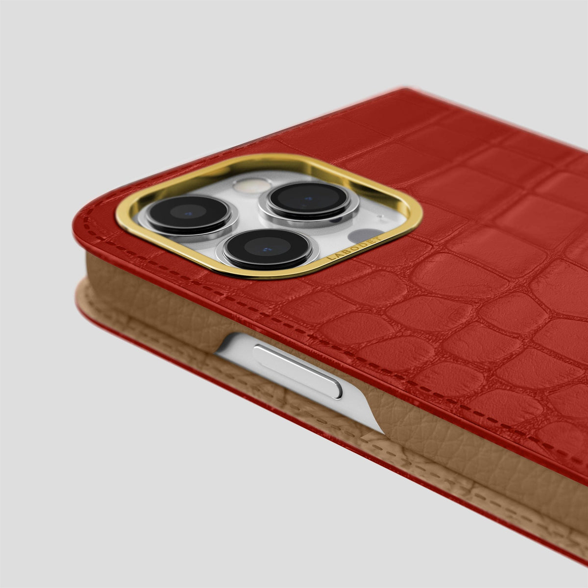 Red iPhone 14 Pro Folio Case Alligator with Gold Metal -5 | Red-Gold