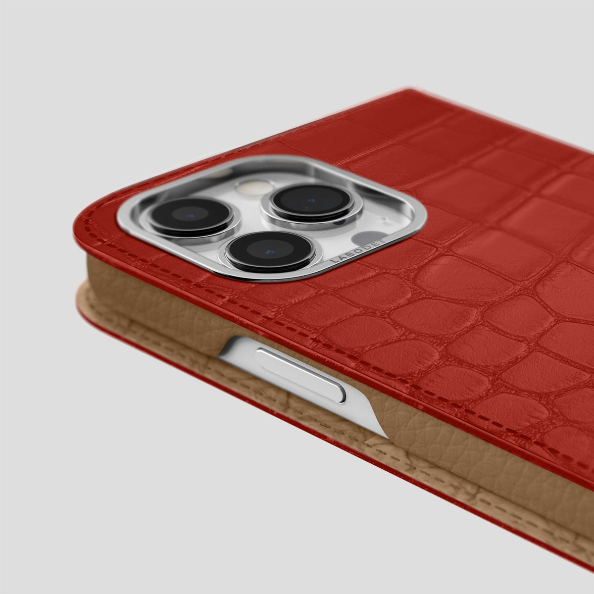 Red iPhone 14 Pro Folio Case Alligator with Steel Metal -5 | Red-Steel