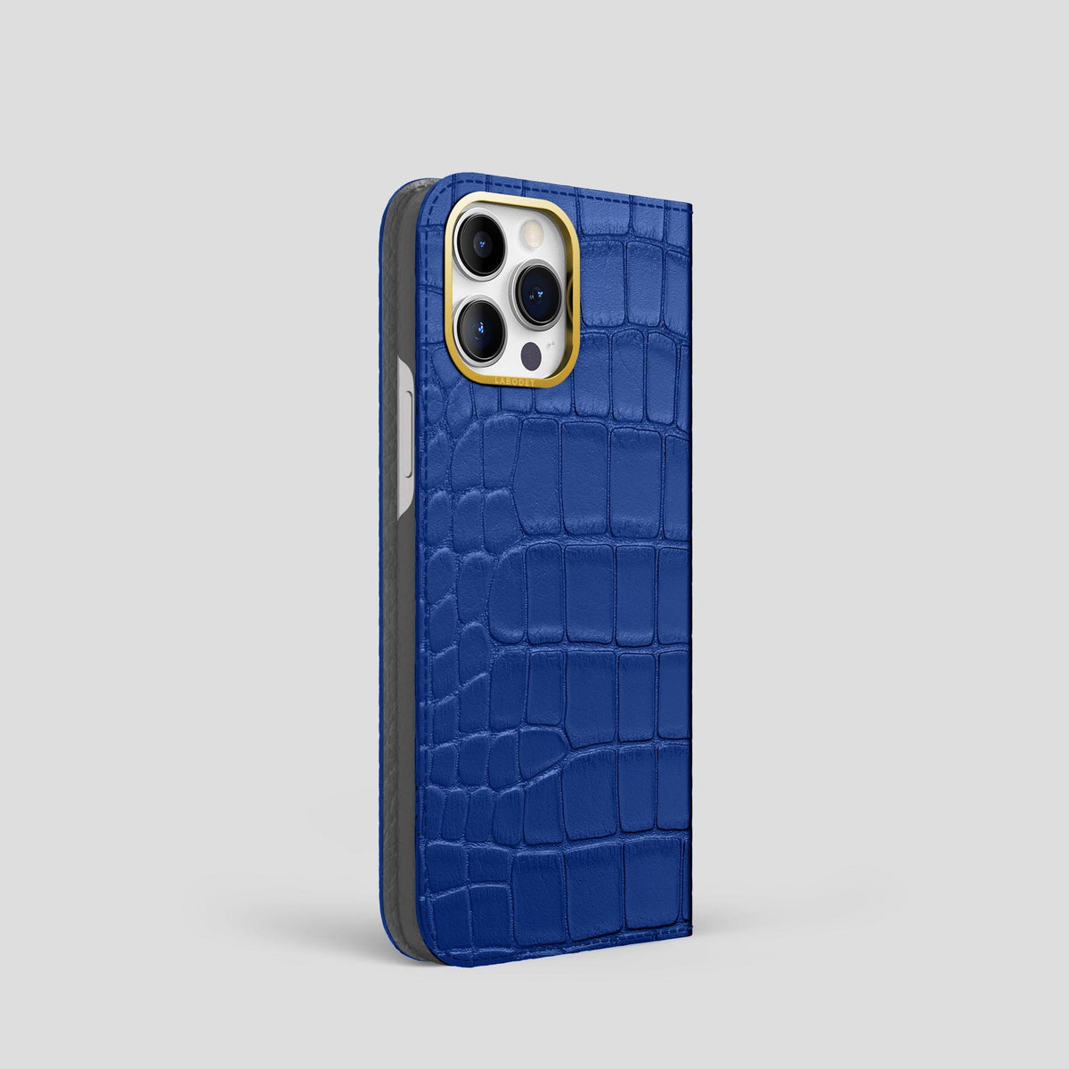 Royal Blue iPhone 14 Pro Folio Case Alligator with Gold Metal -1 | Royal-Blue-Gold