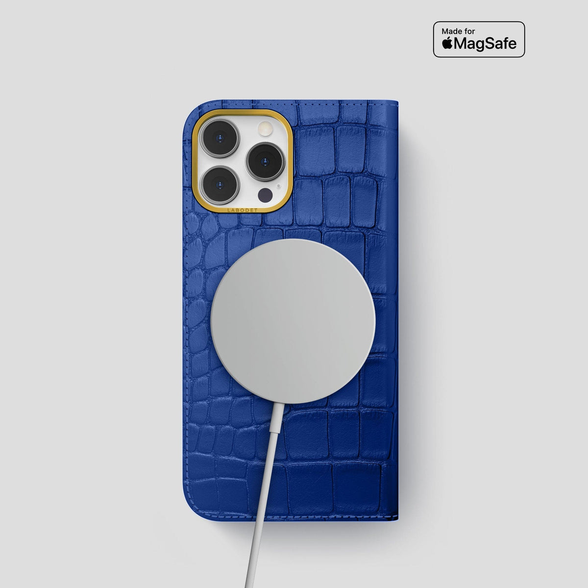 Royal Blue iPhone 14 Pro Folio Case Alligator with Gold Metal -3 | Royal-Blue-Gold