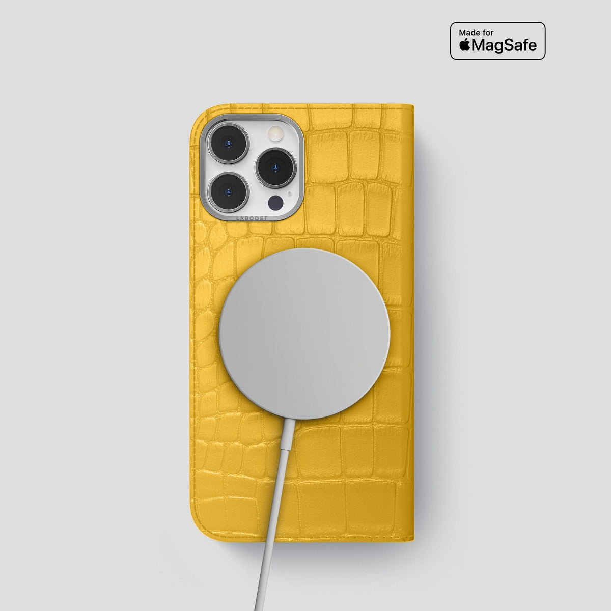 Yellow iPhone 14 Pro Folio Case Alligator with Steel Metal -3 | Yellow-Steel
