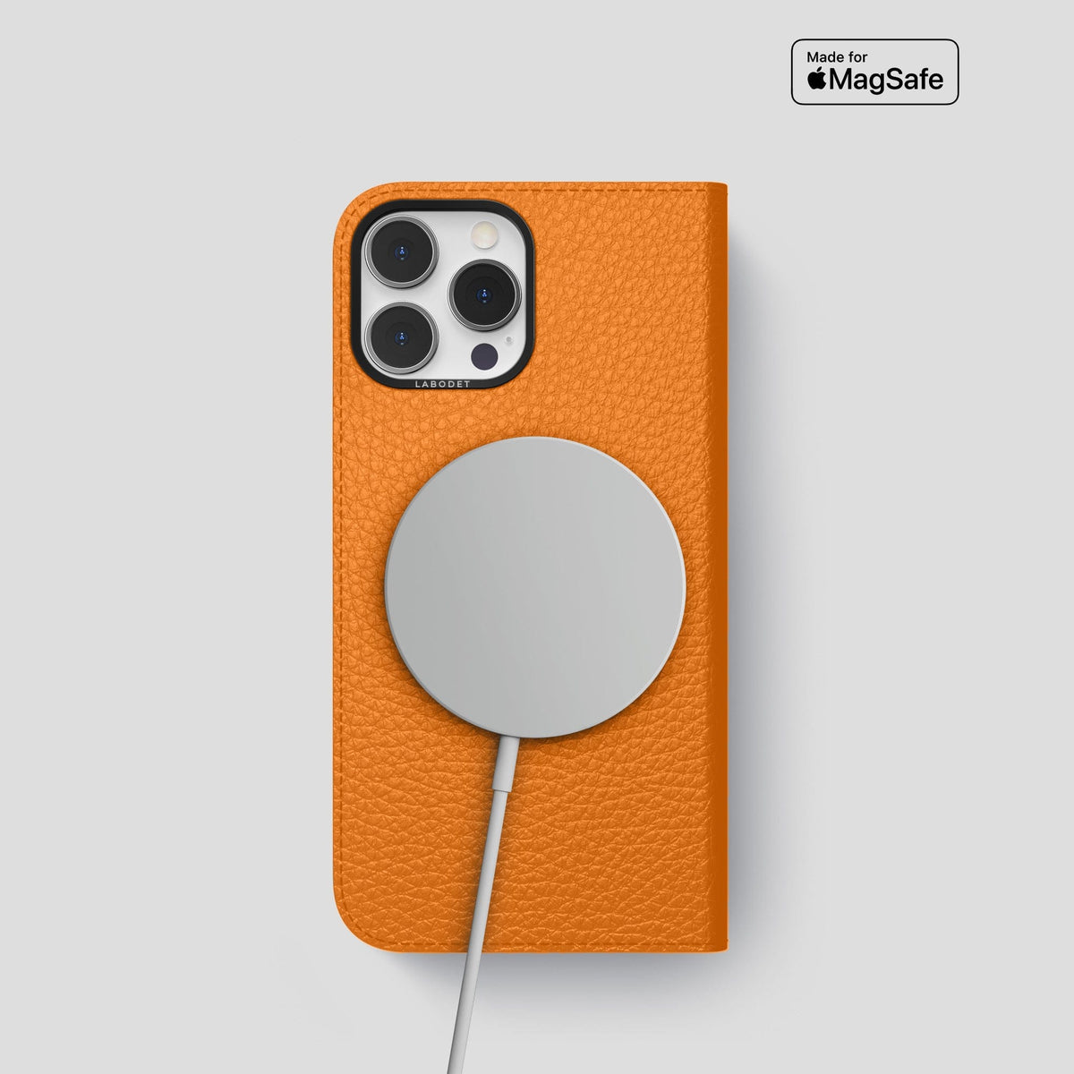 Orange iPhone 14 Pro Folio Magsafe Case Calf with Black Metal -3 | Orange-Black