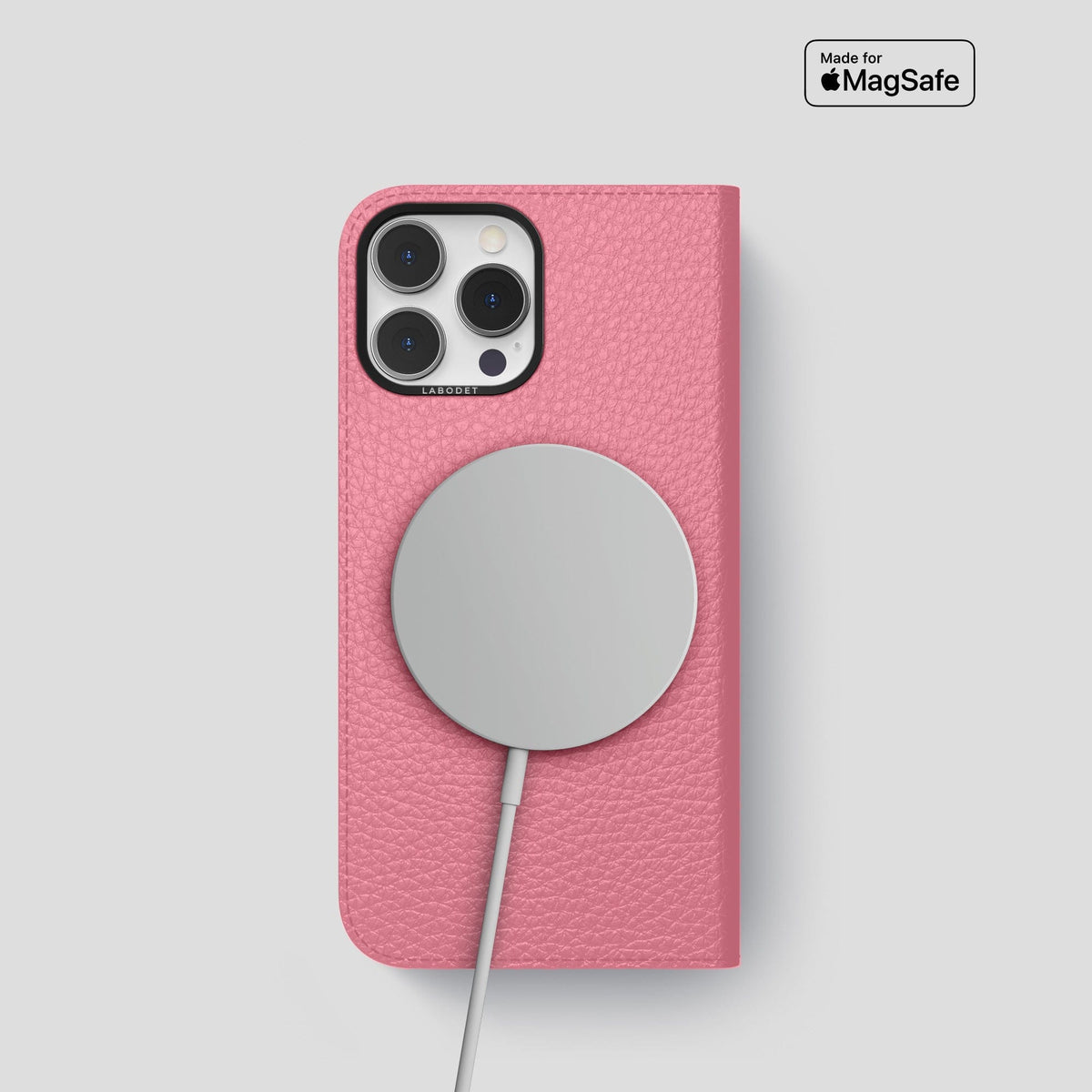 Pink iPhone 14 Pro Folio Magsafe Case Calf with Black Metal -3 | Pink-Black
