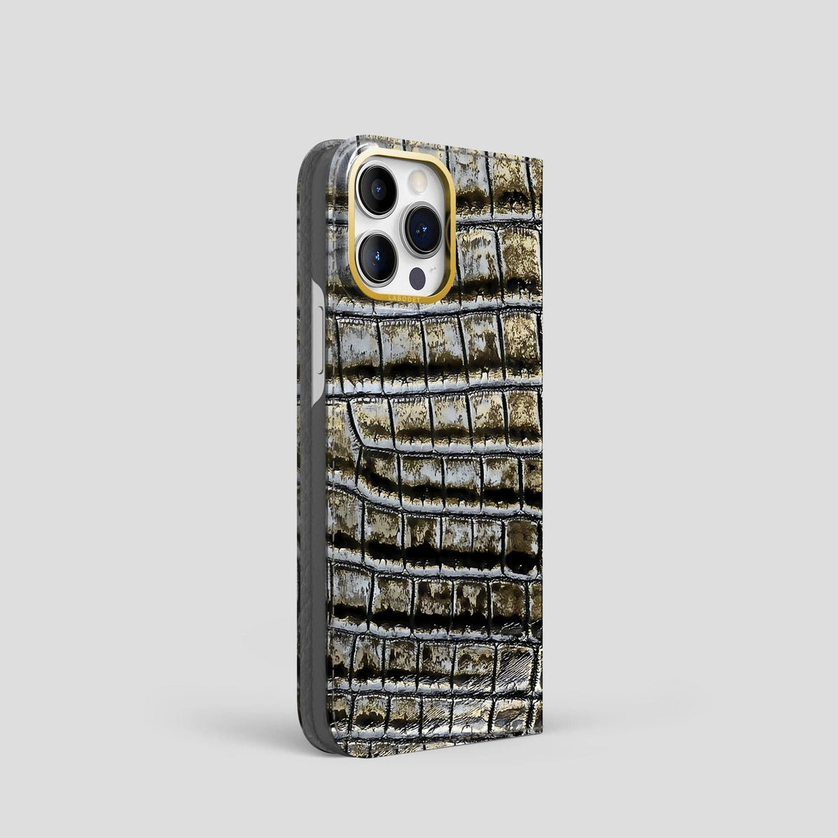 Antique-Bronze iPhone 14 Pro Folio Case Himalayan Crocodile with Gold Metal -1 | Antique-Bronze-Gold