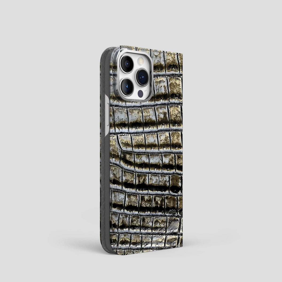 Antique-Bronze iPhone 14 Pro Folio Case Himalayan Crocodile with Steel Metal -1 | Antique-Bronze-Steel
